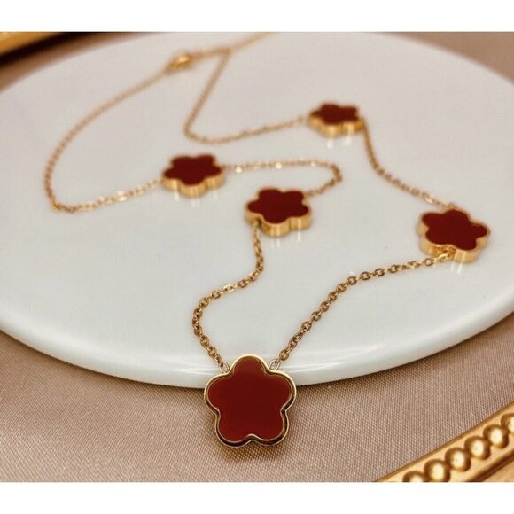 18K Gold Plated RED Clover Necklace 5 Petals stainless steel Womens jewelry - Picture 7 of 10